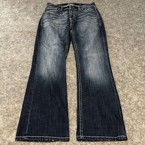 BKE Buckle Fulton Bootcut Jeans Mens 32x30 Dark Wash Distressed Thick Stitch